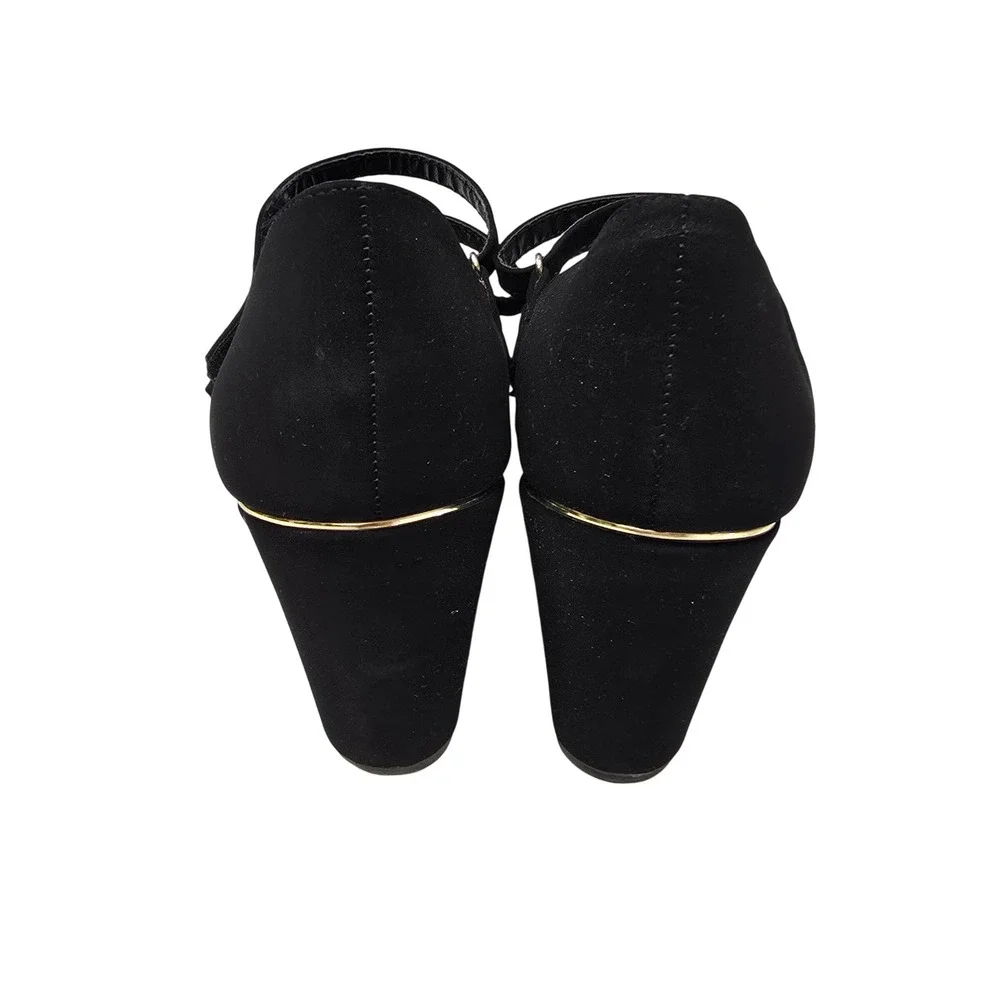 Andiamo Alydia Black Faux Suede Double Strap‎ Mary Jane Wedge Heels Womens 9.5M